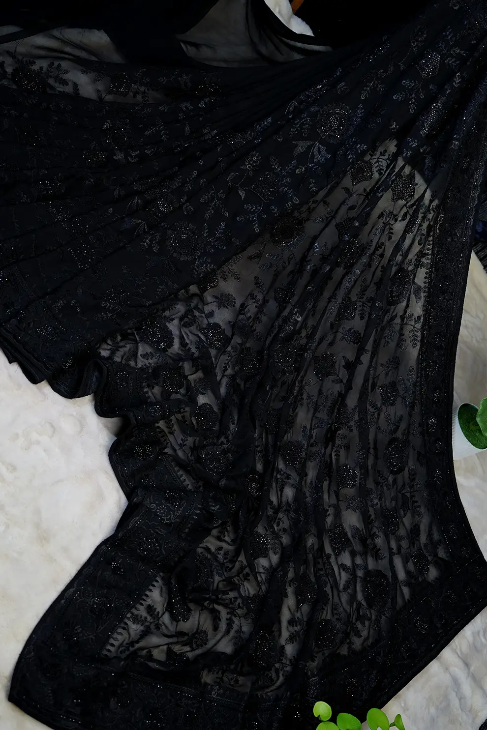 Black Glass Stone Work Chiffon Saree – Top Notch Premium Party Wear